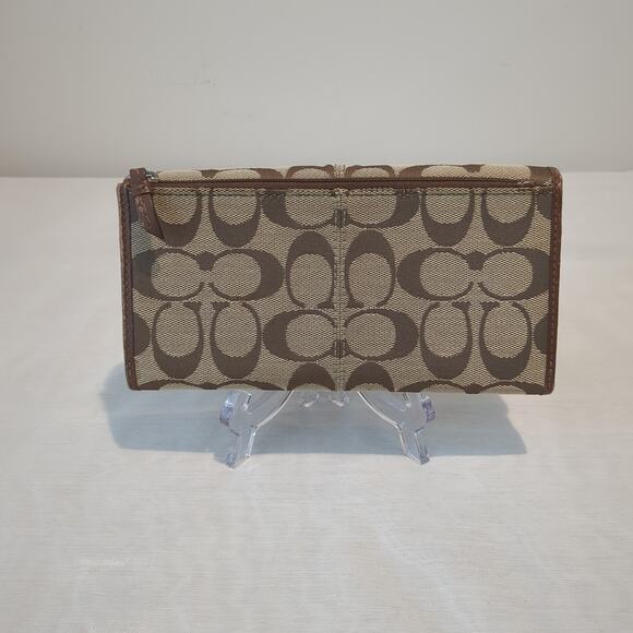 Coach Long Wallet Vintage Leather Signature Brown Beige Pleated Canvas Trifold - Picture 2 of 12